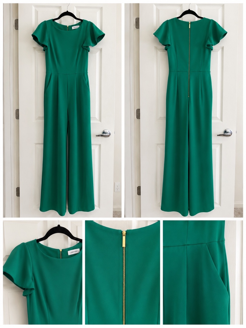 Calvin Klein Emerald Green Wide-Leg Jumpsuit with Flutter Sleeves